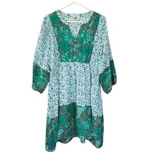 Jodifl US Women's‎ Size S Green Ditsy Floral Print Boho Mini Dress 3/4 Sleeves